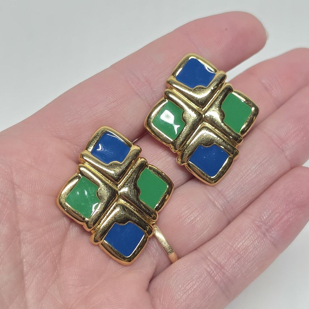 Vintage 80s Monet Enamel Clip On Earrings Blue Green Checkered On Gold Tone